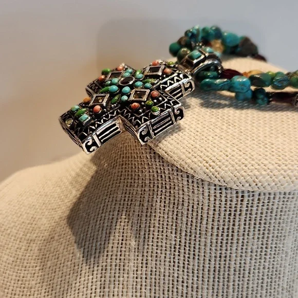 Vintage Sterling Silver and Turquoise Cross Necklace